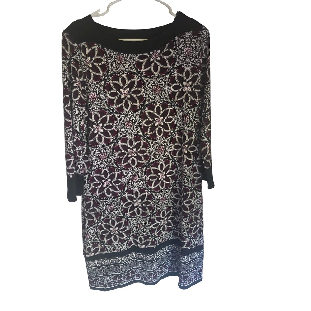 White House Black‎ Market Floral Mandala Shift Dress Black White 3/4 Sleeve L